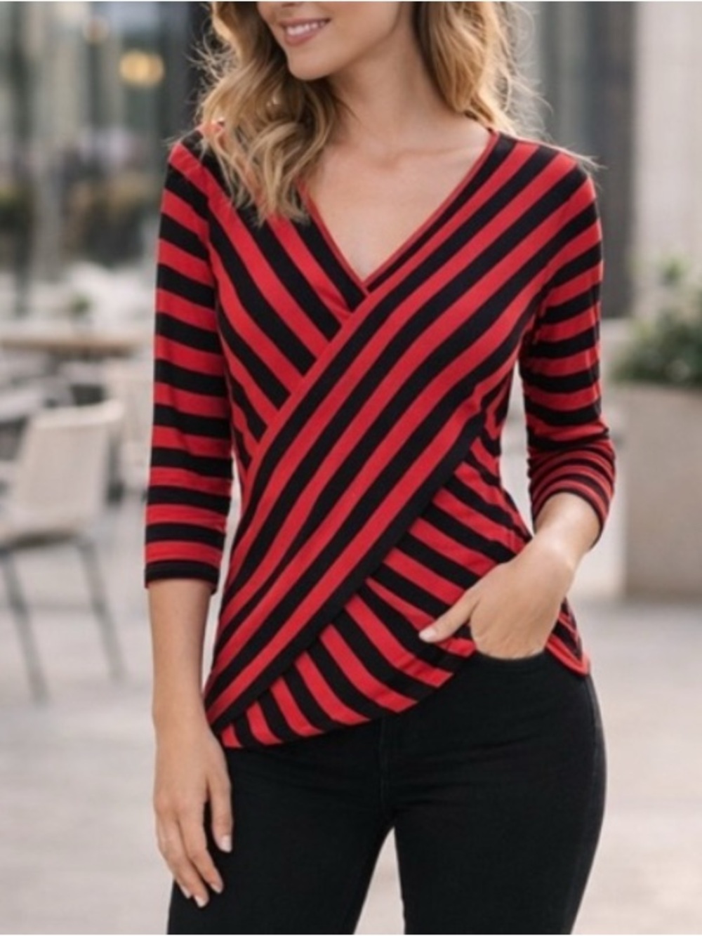 Price drop! Vince Camuto Red & Black Striped Wrap Style Top | 3/4 Sleeve Size M